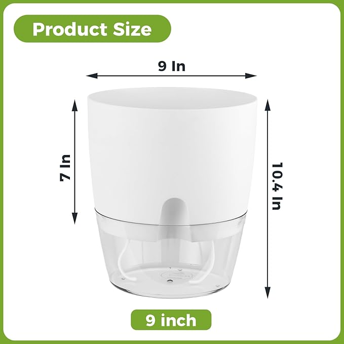 Planterhoma 5 Pack Self Watering Pots for Indoor Plants, 9 Inch Plant Pot Plastic Self Watering Planter for Orchid, Monstera, Lily, Large Clear Flower Pots with Drainage Holes and Wicking Rope, White
