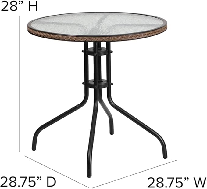 Flash Furniture Lila 28'' Round Glass Metal Table with Dark Brown Rattan Edging and 2 Dark Brown Rattan Stack Chairs