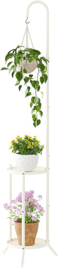 2-Tier Metal Plant Stand with Hanging Hook, Indoor Outdoor Plant Shelf,Heavy Duty Plant holder Rustproof Iron Multiple Plant Round Supports Rack for Planter Corner Garden Balcony Patio (Cream)