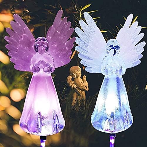 Angel Solar Lights for Cemetery, 2 Pack Solar Lights Outdoor Garden, Color Changing Decorative Angel Lights for Yard Patio Pathway Grave Decoration Memorial Gifts