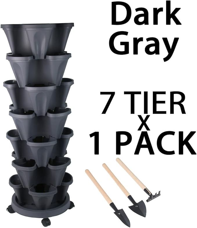 GameXcel Vertical Planter 7 Tier Stackable Planters Garden Planters Strawberry Herb Flower and Vegetable Planter Indoor Outdoor Gardening Pots with Removable Wheels and Tools - Dark Gray