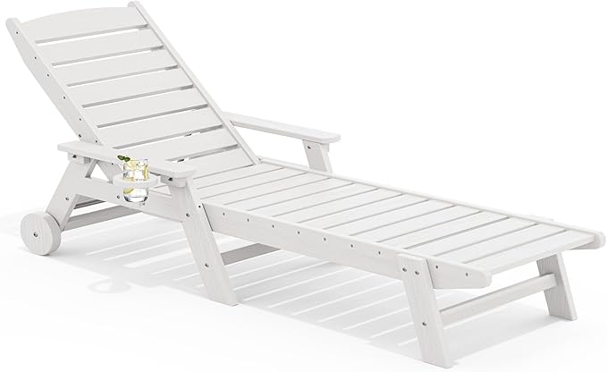SERWALL Patio Chaise Lounge Chair, 78'' Long HDPE 5 Positions Adjustable Outdoor Lounger, Poly Lounge Chair with Rolling Wheels & Cup Holder for Pool, Light White