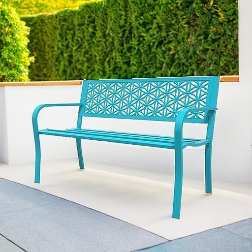 VINGLI 50" Outdoor Bench Metal with Floral Back, Garden Bench Front Porch Benches for Yard Patio Entryway Park, 800lb Capacity - Blue