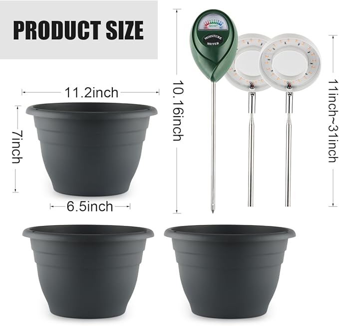 2 Pack 11 Inch Plant Pots with LED Grow Lights,Grey Indoor Flower Pots with Full Spectrum Dimmable Grow Lights,Drainage Holes & Plug,Soil Moisture Meter Included