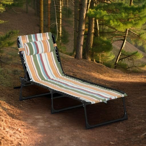 Outsunny Folding Chaise Lounge Chair, Patio Sun Tanning Chair, Outdoor Chaise Lounger with 4-Position Reclining Back, Breathable Mesh Seat for Beach, Poolside, Yard, Rainbow Striped
