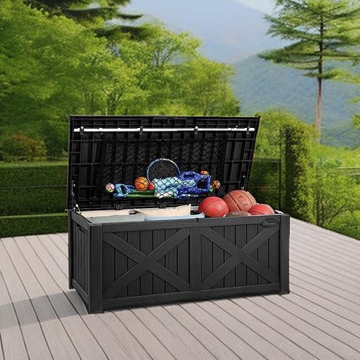 YITAHOME 150 Gallon Large Deck Box with X-Shaped Front, Resin Outdoor Storage Boxes, Waterproof Cushion Storage Bench for Patio, Pool Supplies, Garden Tools - Lockable, Black