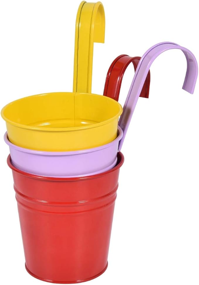 OBTANIM 12 Pack Metal Hanging Flower Pots Railing Planter Outdoor Fence Hanging Bucket Plant Holder with Detachable Hooks Drain Holes for Home Garden Yard Decor (Yellow Purple Red, 4 x 4 Inch)