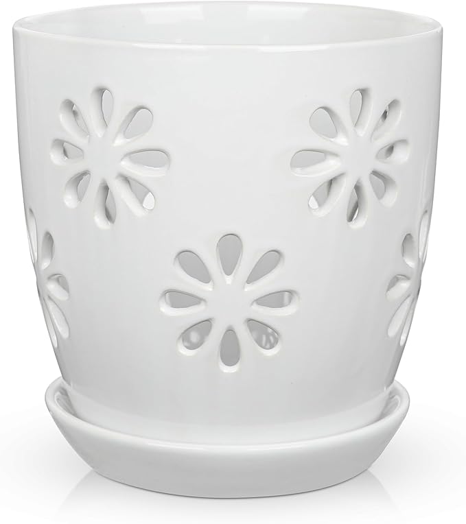 Oairse 6 inch Orchid Pots with Holes, White Ceramic Orchid Pot for Repotting Small Indoor Plant Pots with Drainage Holes and Saucers Decorative Flower Planter for Orchids, Indoor Plant