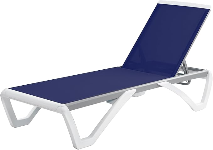 Kozyard Outdoor Chaise Lounge Chair, Full Flat Adjustable Patio Lounger with Aluminum Frame & Resin Legs, Textilene Fabric for Poolside, Backyard & Beach (NavyBlue Without Table)