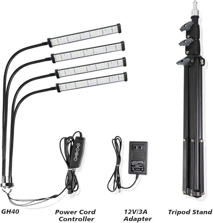 GHodec Grow Light with Stand, 200W 6000K Full Spectrum Gooseneck Floor Plant Light for Indoor Plants Growing,5 Dimmable Levels & Auto On/Off Timer, Tripod Stand Adjustable 15-48 in