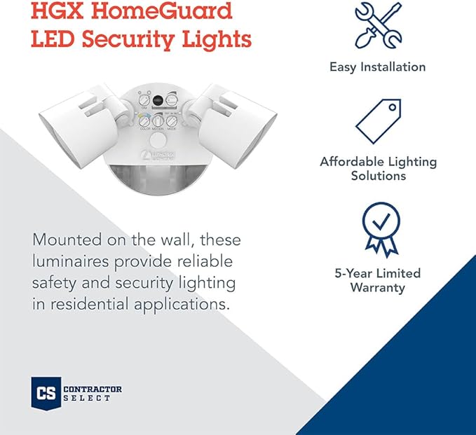 Lithonia Lighting HomeGuard 2-Light LED Outdoor Flood Lights, Motion Sensor Outdoor Lights with Dusk to Dawn, Adjustable Lumens and Color, Round Heads, White (HGX LED 2RH ALO SWW2 120 PIR WH M2)