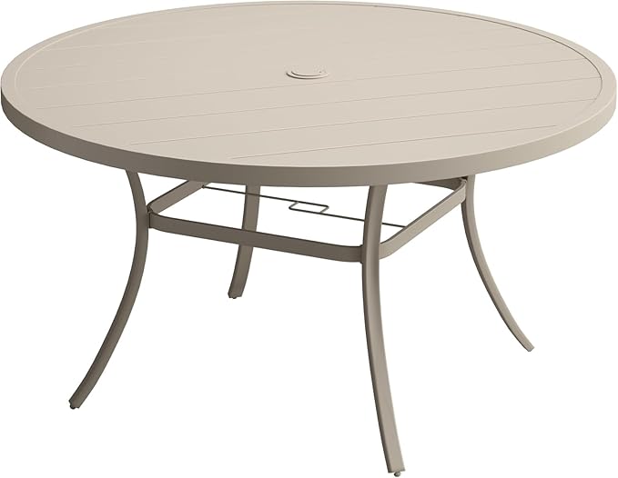 VICLLAX 53" Outdoor Round Patio Table for Lawn Garden, All Weather Metal Round Patio Dining Table with Adjustable Umbrella Hole, Patio Table for 8 Person, Sandshell Tabletop