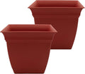 The HC Companies 12 Inch Eclipse Square Planter Pots with Drainage Holes & Attached Saucer, Lightweight UV-Resistant Plastic Indoor Outdoor Planters, 2-Pack Flower Pots for Garden & Home Decor, Clay