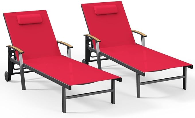 Ciokea Outdoor Lounge Chair with Pillow Set of 2, 5-Position Aluminum Chaise Lounge with Wheels & Armrests, 400 lbs Heavy Duty Patio Pool Chair for Backyard, Deck, Beach & Poolside, Red