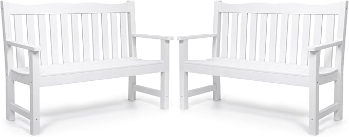 Stoog Outdoor Benches Set of 2, All-Weather HIPS Plastic Garden Bench with 800lb Capacity, Never Fade or Rot, Used for Patio, Porch, Backyard and Park, White