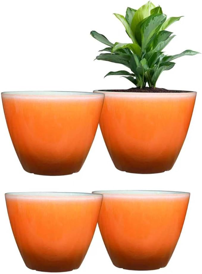Plant Pots for Indoor Outdoor Plants, Pack of 4 Plastic Flower Pots with Drainage Holes and Saucers, 8 Inch Glazed Planters for Indoor Plants Office Home Decor (Orange, 4pcs)