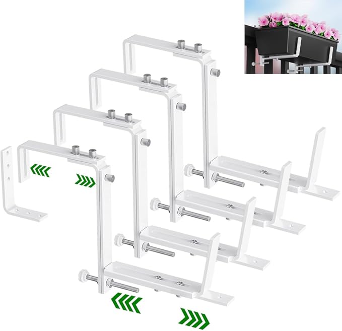 HFHOME Set of 4 Adjustable Window Planter Box Brackets, White Brackets for Window Boxes Planters, Planter Shelving with Adjustable Size The Width of The Bottom of The Planter Box (Patent Registered)