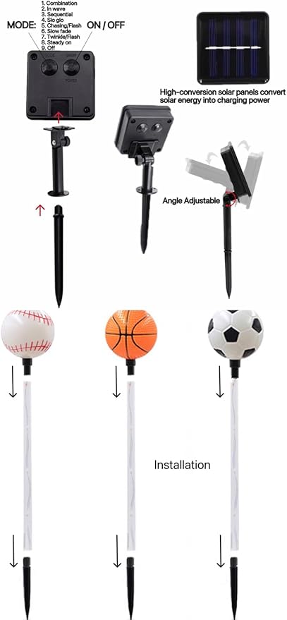 Solar Lights Outdoor, Baseball Soccer Basketball Theme LED Stake Light for Garden Yard Pathway Patio Walkway Landscape Decoration