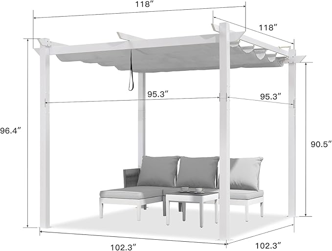 PURPLE LEAF 10' x 10' Outdoor Aluminum Pergola White Heavy-Duty Retractable Pergolas Patio Metal Pergola with Double Sun Shade Canopy and Light for Backyard Gardens Deck, White