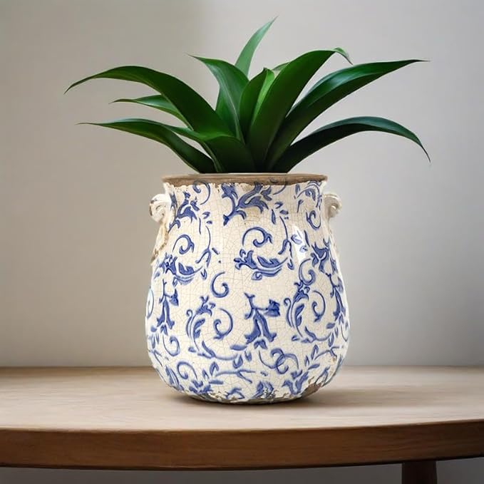 Vintage Plant Pot Rustic Planter Container with Drainage Hole Ceramic Ice Crack Flower Pot Decorative Planter for Indoor and Outdoor Tuscan Decor Vase Gardening Gift (Blue)