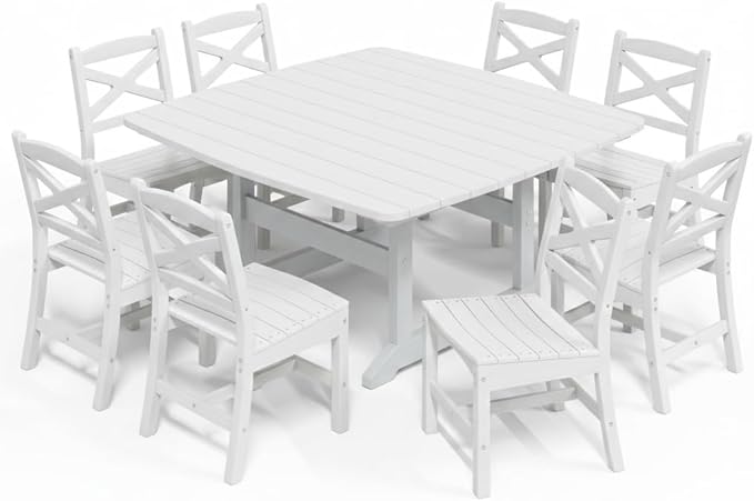 Outdoor Dining Set, HDPE 9-Piece Patio Table and Chairs Set, All-Weather Outdoor Dining Table Set for 8 with Umbrella Hole, Durable Patio Furniture Set with Chairs,White