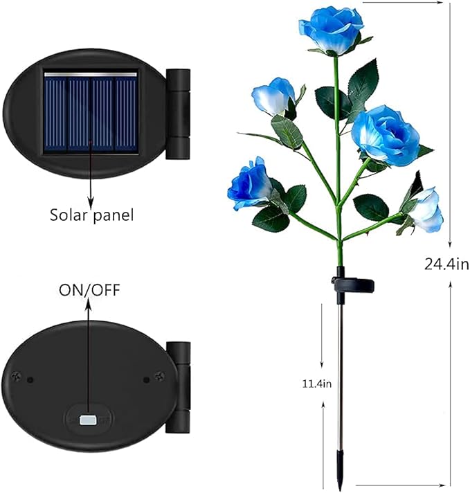 Outdoor Realistic Solar Powered Rose Flower Lights Stake,2 Pack 10 Rose Solar Garden Decorative Waterproof Lights for Backyard Patio Pathway Xmas Decoration-Blue