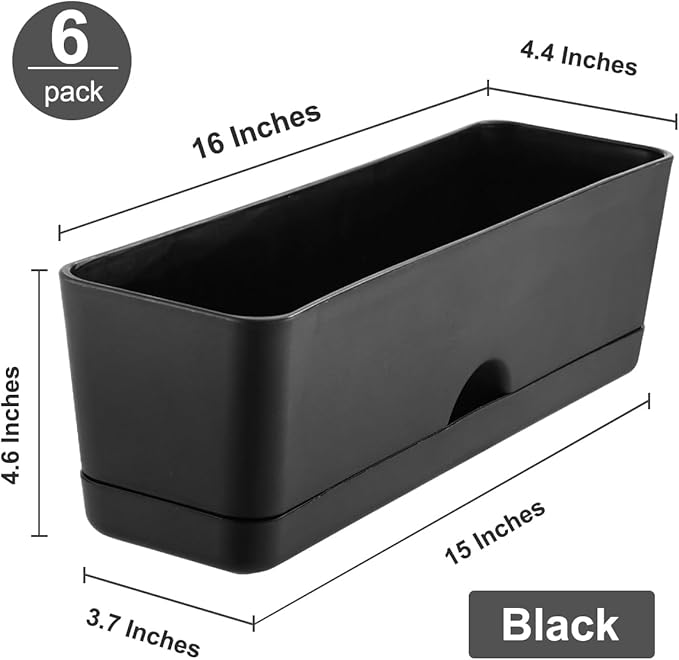 6 Pack Rectangle Planter 16x4.4 Inch Window Boxes Planters Rectangular Large Window Sill Planters Indoor Self Watering Plant Pots with Drainage Holes and Saucers Succulent Herb Flower Pots, Black