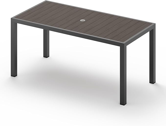 67" HDPS Outdoor Patio Dining Table, Aluminum-Edged Outdoor Dining Table with Umbrella Hole, Weather-Resistant for Lawn, Garden, Poolside and Indoor Use, Charcoal