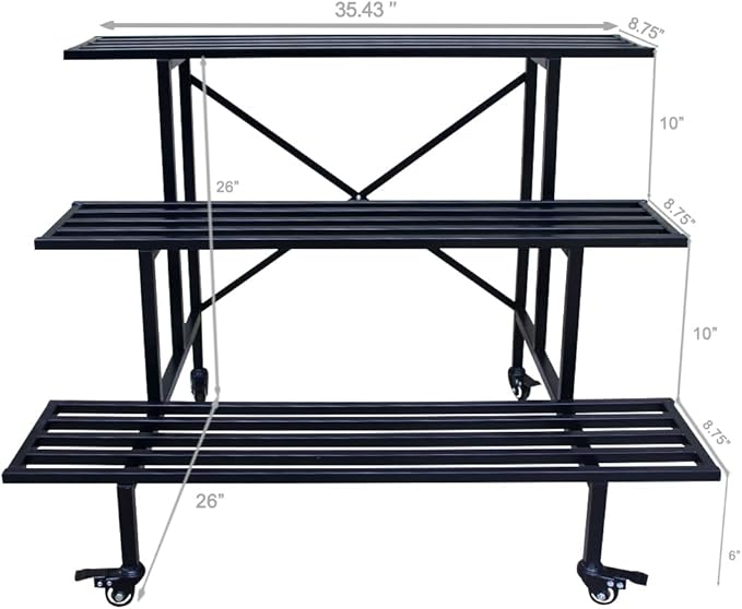 Zhongma 3 Tier Sturdy Metal Plant Stand with Wheels, L35.43 x W26 x H26 inch, Heavy Duty Plant Holder for Home Indoor and Outdoor, 660 LBS Capacity & Heavy Duty Construction