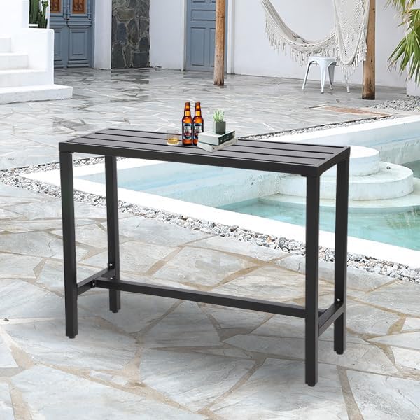 Outdoor Bar Table, Patio Console Pub Height Tables with Powder Coated Steel Frame, Weather Resistant Waterproof Top for Hot Tub, Balcony, Garden, Yard, Poolside (Black, 47" Narrow Bar Table)