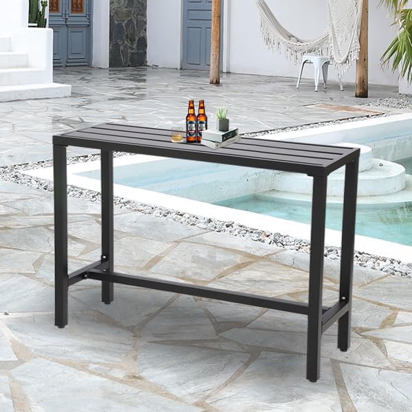 Outdoor Bar Table, Patio Console Pub Height Tables with Powder Coated Steel Frame, Weather Resistant Waterproof Top for Hot Tub, Balcony, Garden, Yard, Poolside (Black, 55" Bar Table)