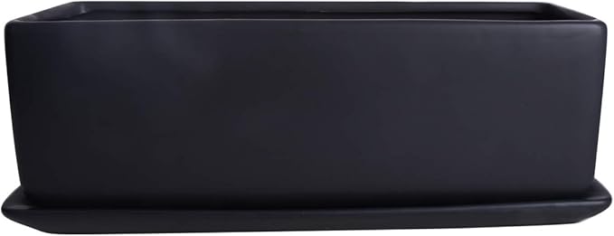 Vencer 12 Inch Rectangular Modern Minimalist Ceramic Succulent Planter Pot - Window Box with Saucer,Office Desktop Potted Stand,Black,VF-0135B