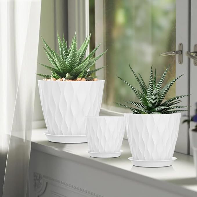 4/4.5/5/5.5/6/6.5/7 Inch Plant Pots,7 Pack Flower Pots with Drainage Holes and Trays,Plastic Planters for Indoor Outdoor Plants Growth,White
