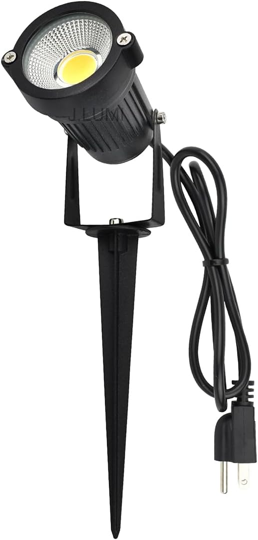 GSS6005 Plug in Spotlight Outdoor, 5W LED Landscape Spotlight 120V, 3000K Warm White, Metal Construction with Ground Stake, 3ft Cord and Plug, Black