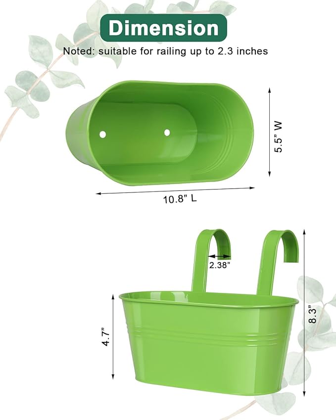 Metal Railing Planter for Outdoor Plants - 3 Pack Balcony Hanging Planter Box with Detachable Hooks and Drain Holes Oval Hanging Pots Fence Planters for Railing Garden Fence, Green Yellow Blue