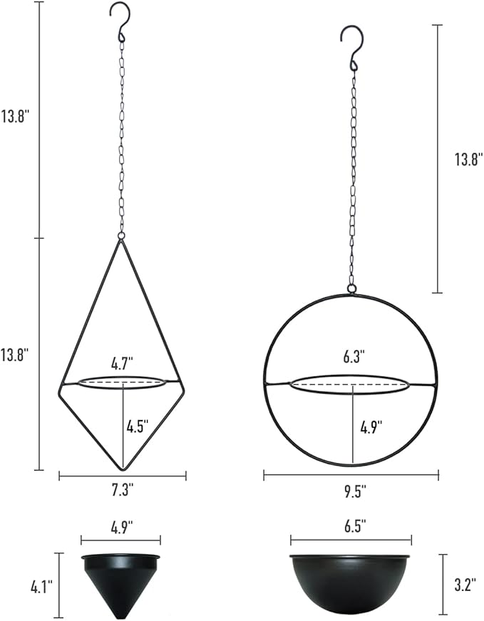 Metal Hanging Planters, Modern Plant Hanger with Pots, Set of 2 Black Plant Holders in Diamond and Round Shape, Small Wall and Ceiling Planter for Indoor Plants, Home Décor- Black