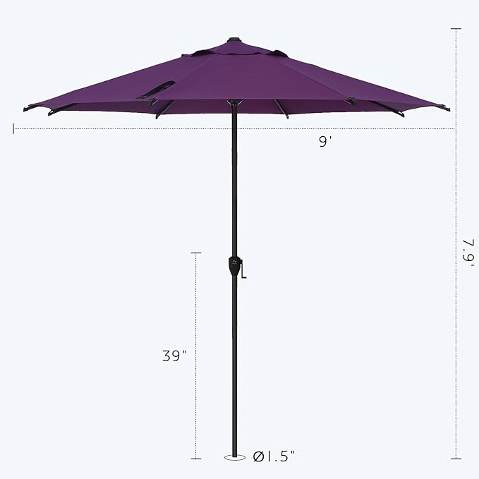 Abba Patio 9FT Lyon Outdoor Patio Umbrella Outdoor Table Umbrella with Crank Market Umbrella 8 Sturdy Ribs UV Protection Waterproof and Push Button Tilt for Garden Deck Backyard,Purple