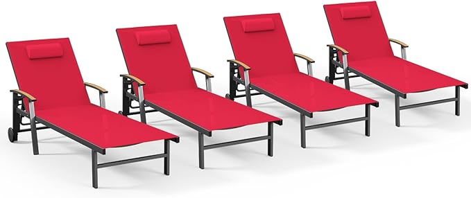Ciokea Outdoor Lounge Chair with Pillow Set of 4, 5-Position Chaise Lounge with Wheels & Armrests, 400 lbs Heavy Duty Aluminum Pool Lounge Chairs, for Beach, Deck, Poolside & Backyard, Red