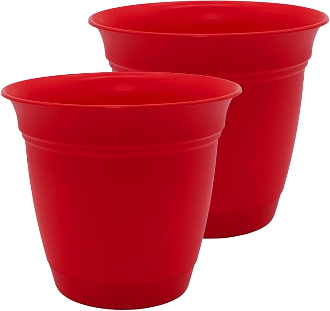 The HC Companies 16 Inch Eclipse Round Planter Pots with Drainage Holes & Attached Saucer, Lightweight UV-Resistant Plastic Indoor & Outdoor Planters, 2-Pack Flower Pots for Garden & Home Decor, Red