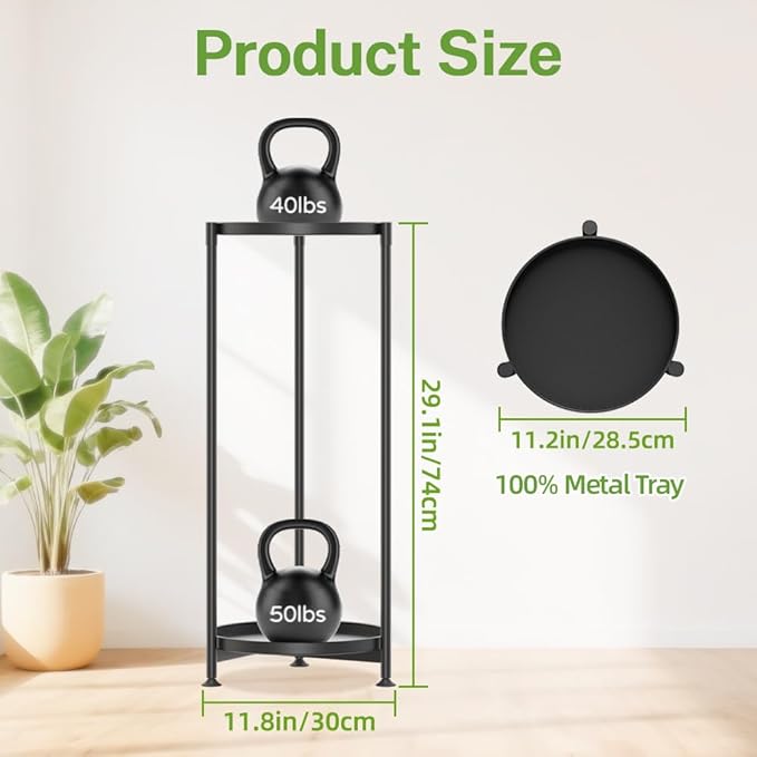 iDavosic.ly 2 Tier Corner Plant Stand Indoor, Tall Vertical Metal Flower Heavy Duty Pot Holder Shelf Outdoor for Patio Porch Living Room, Modern Black - Round