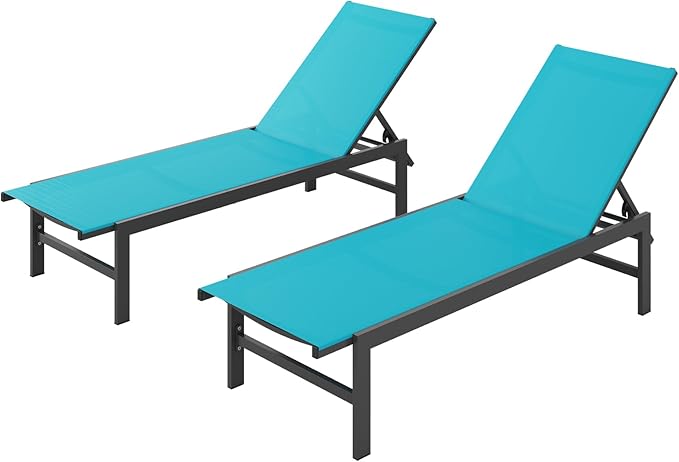 Outdoor Lounge Chairs Set of 2, Aluminum Patio Chaise Lounge Chairs with 5-Position Recliner, Pool Lounge Chairs for Backyard, Poolside, Deck, Lawn (Lakeblue)