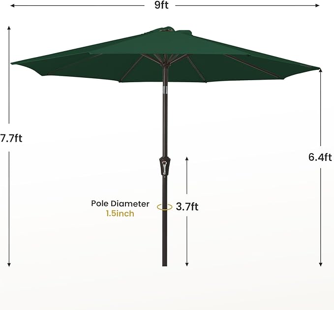 MEWAY 9ft Patio Umbrella Outdoor Table Umbrellas with Push Button Tilt and Crank, Market Umbrella 8 Sturdy Ribs for Deck, Garden, Pool and Backyard, Dark Green