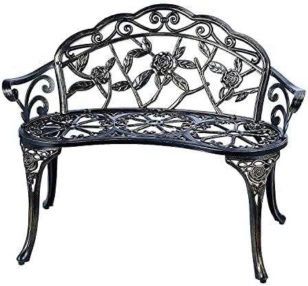 Mandolin Outdoor Park Garden Chair,All Chair Anti Rust Cast Aluminum Patio Yard Bench,Carved Rose Loveseat Bench for Backyard .Porch.Balcony.Lawn (Copper)