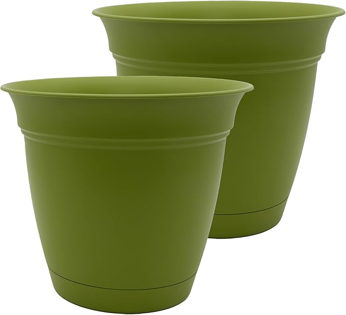 The HC Companies 16 Inch Eclipse Round Planter Pots with Drainage Holes & Attached Saucer, Lightweight UV-Resistant Plastic Indoor Outdoor Planters, 2-Pack Flower Pots for Garden & Home Decor, Peridot