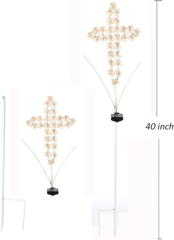 White Cross Garden Stake Solar Lights Metal Hydrangea Cross Stake Memorial Gift w/ 28 LEDs Perfect Sympathy Gifts (10" W x 40" H)