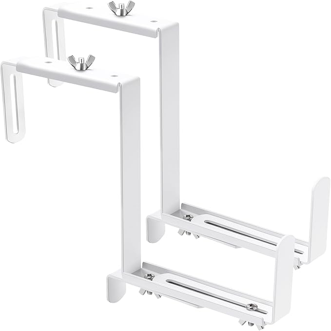 Planter Box Brackets, Adjustable Flower Box Brackets for Deck Railing, 2 Pack No Drill Window Box Bracket for Outdoor Planters-White