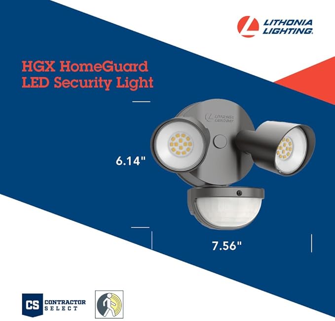 Lithonia Lighting HomeGuard 2-Light LED Outdoor Flood Lights, Motion Sensor Outdoor Lights with Dusk to Dawn, 4000K Cool White, Round Heads, Dark Bronze (HGX LED 2RH 40K 120 MO DDB M2)