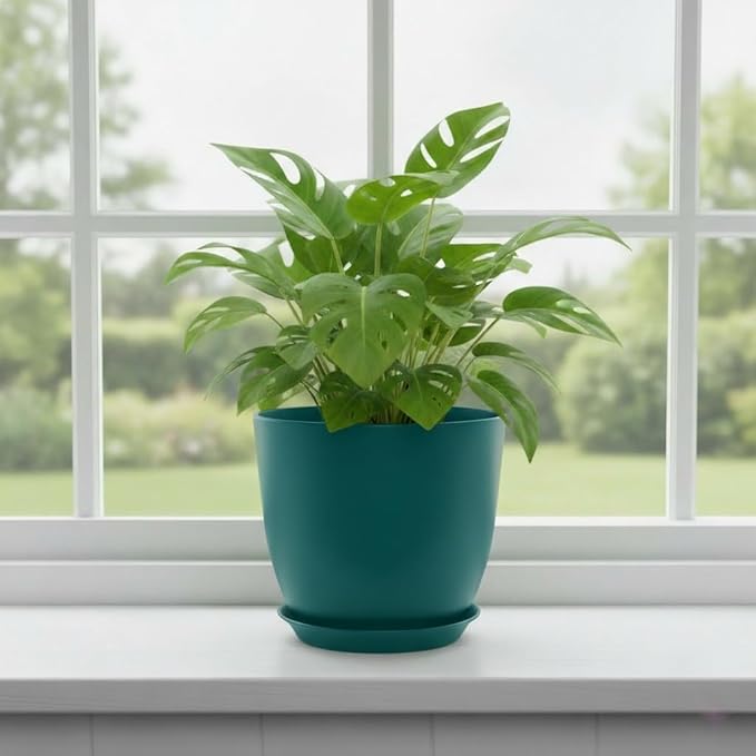 Plant Pots 8 Inch Set of 6, Flower Pots with Drainage Holes and Saucer, Plastic Garden Planters for Indoor & Outdoor Plants (Deep Green)