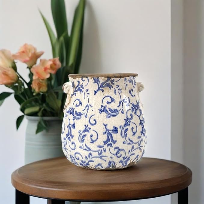Vintage Plant Pot Rustic Planter Container with Drainage Hole Ceramic Ice Crack Flower Pot Decorative Planter for Indoor and Outdoor Tuscan Decor Vase Gardening Gift (Blue)