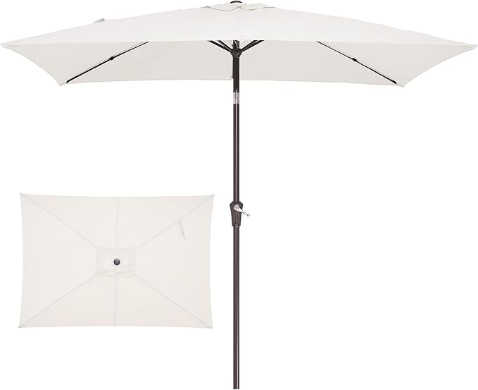 JEAREY 6.5x10 ft Rectangular Patio Umbrellas Outdoor Market Umbrella with Push Button Tilt and Crank, Rectangle Table Umbrella 6 Sturdy Ribs UV Protection for Pool Garden Backyard Deck, Cream-White